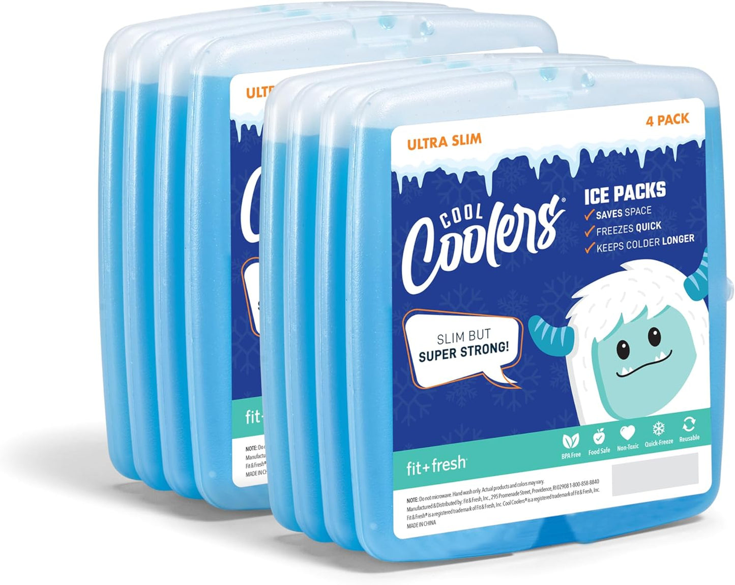Cool Coolers By Fit & Fresh 4 Pack Slim Ice Packs, Quick Freeze Space Saving Reusable Ice Packs for Lunch Boxes or Coolers, Multi Colored, Single Pack