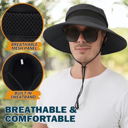 EINSKEY Waterproof Sun Hat for Men Women, UPF 50+ UV Protection Wide Brim Packable Hat for Fishing Hiking Garden Safari Beach Black