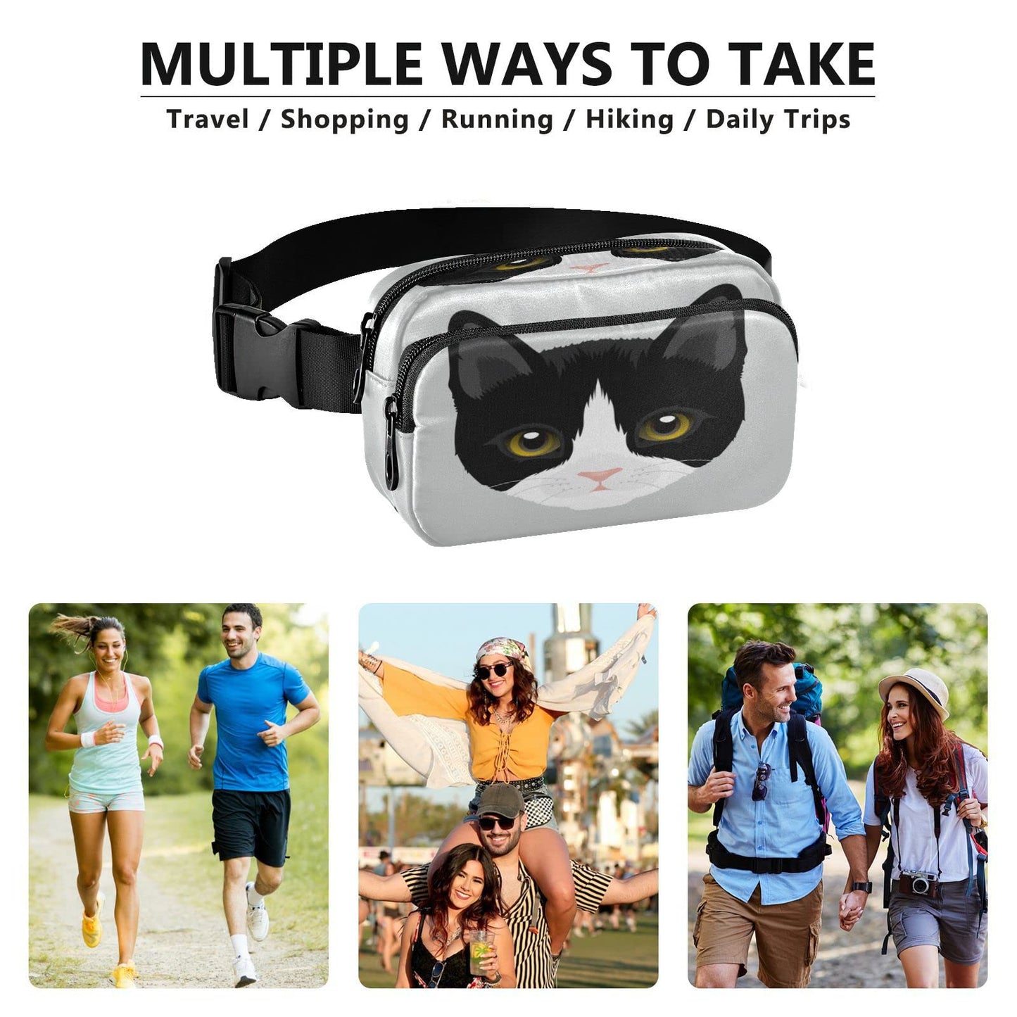 Portrait Of Tuxedo Cat Belt Bag for Women Men Fanny Pack Small Waist Pouch Crossbody Bags for Outdoor Hiking Running Travel