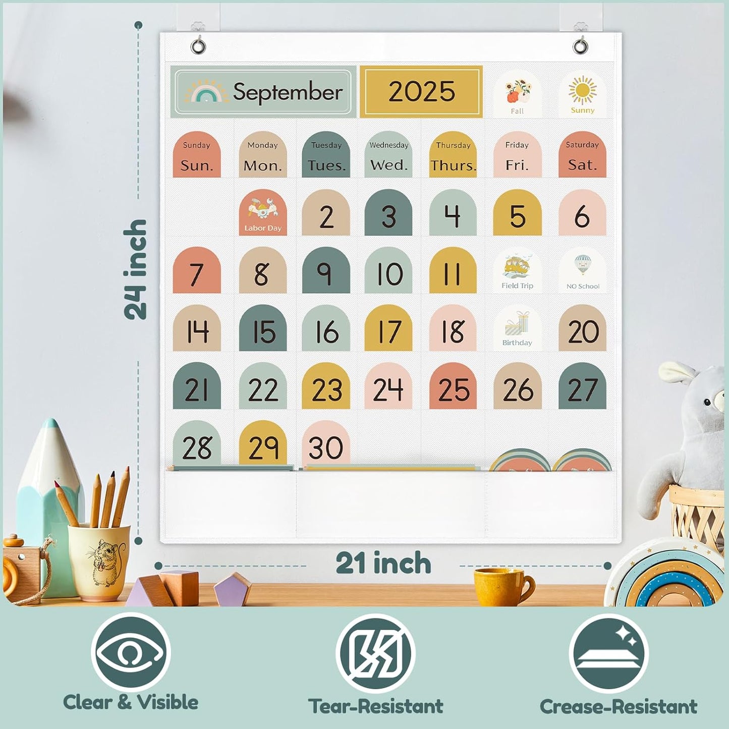 Classroom Monthly Calendar Pocket Chart for Kids Learning, 105 Cards Wall Boho Calendar and Weather, Teacher Supplies for Kindergarten Preschool Elementary Homeschool