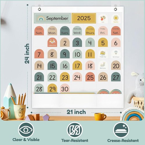 Classroom Monthly Calendar Pocket Chart for Kids Learning, 105 Cards Wall Boho Calendar and Weather, Teacher Supplies for Kindergarten Preschool Elementary Homeschool