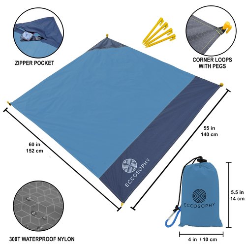 ECCOSOPHY Sand Proof Beach Blanket - Waterproof Picnic Blanket 60x55-Outdoor Compact Pocket Blanket-Lightweight Ground Cover for Hiking, Camping, Festivals, Sports, Travel-with Bag & Stakes (Denim)