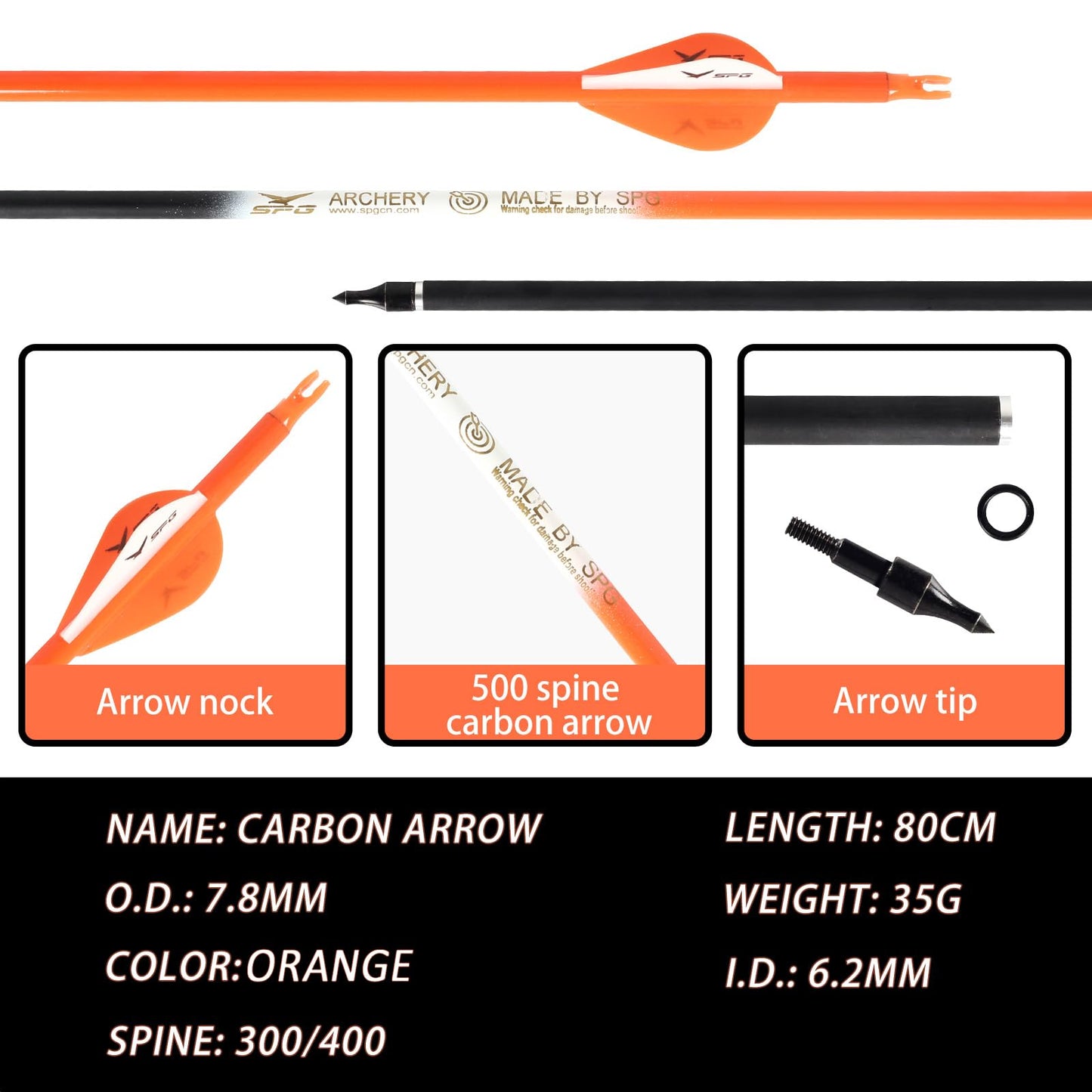 SPG Archery Arrows for Compound Bow - 30 Inch Arrows for Compound Bow, 500 Spine Carbon Compound Arrows for Recurve Bow Shooting Hunting 12 Packs (Orange)