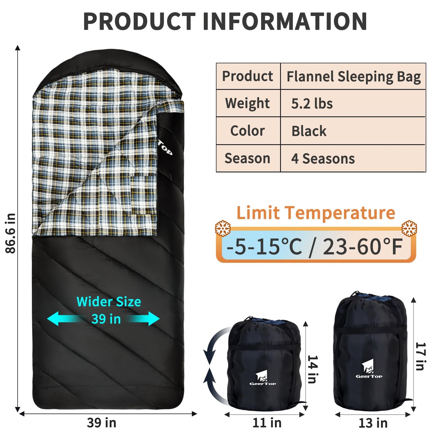 GEERTOP Flannel Sleeping Bag for Adults XXL 4 Season, 0 Degree Sleeping Bag for Winter Cold Weather (Black)