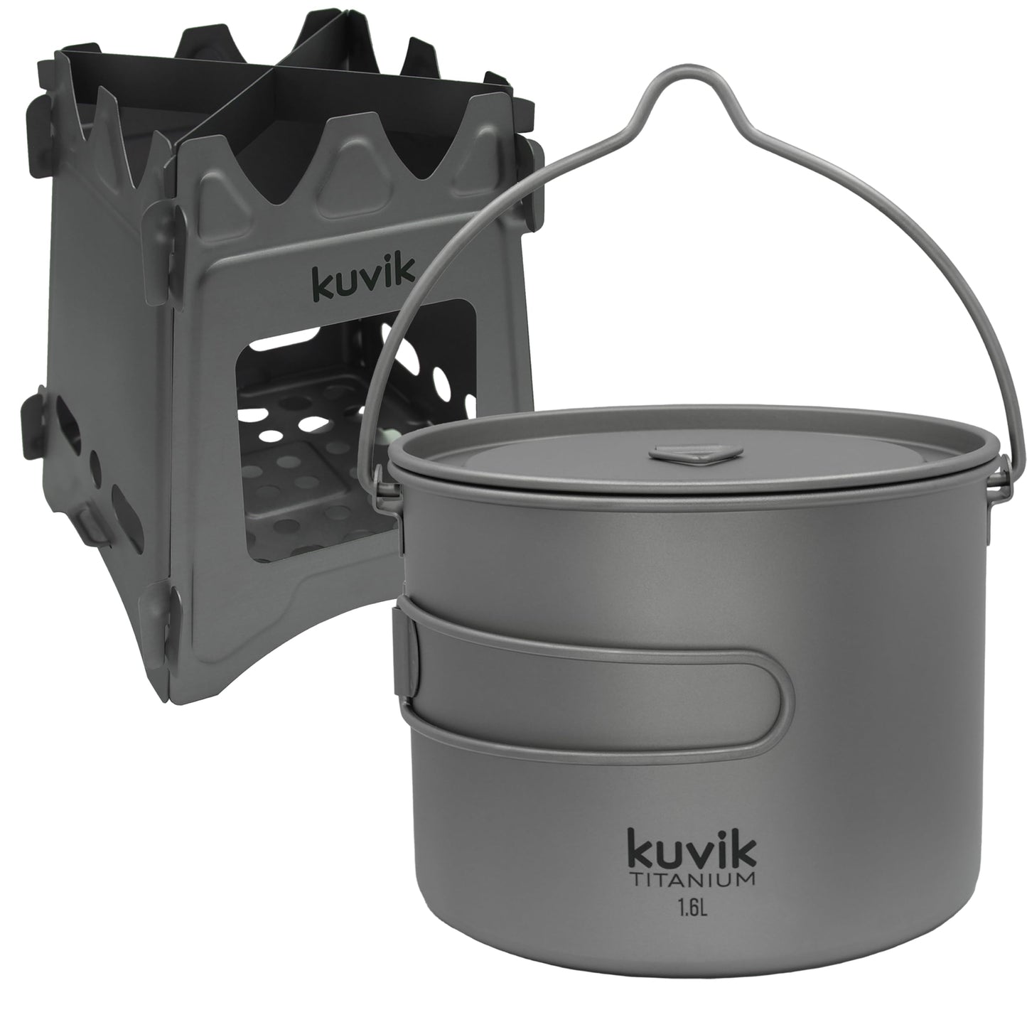 Kuvik Titanium Wood Stove & 1600ml (54 oz) Titanium Pot with Bail Handle Bundle