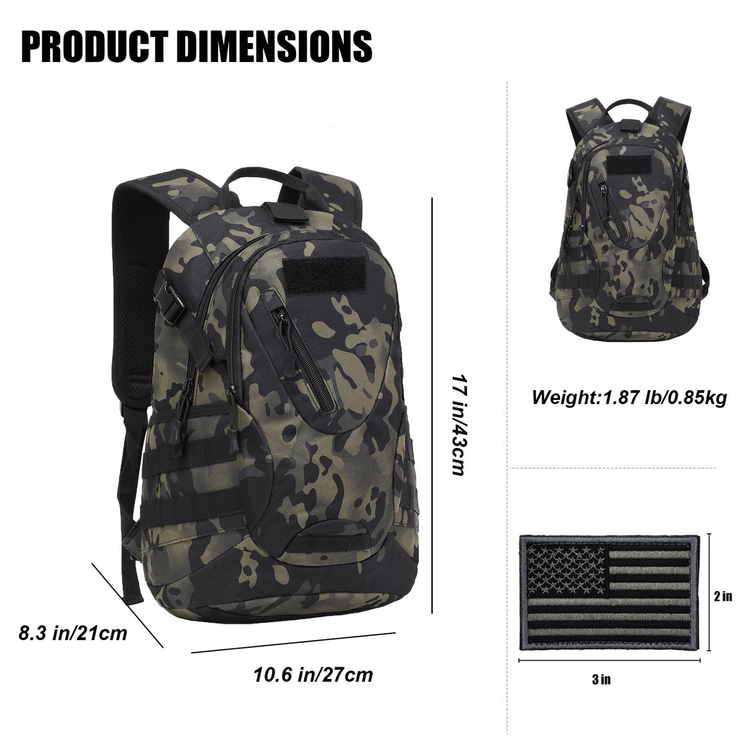 ArcEnCiel 15L Motorcycle Backpack Tactical Bag Rucksacks for Outdoor Camping Trekking with Patch(Black Camo)