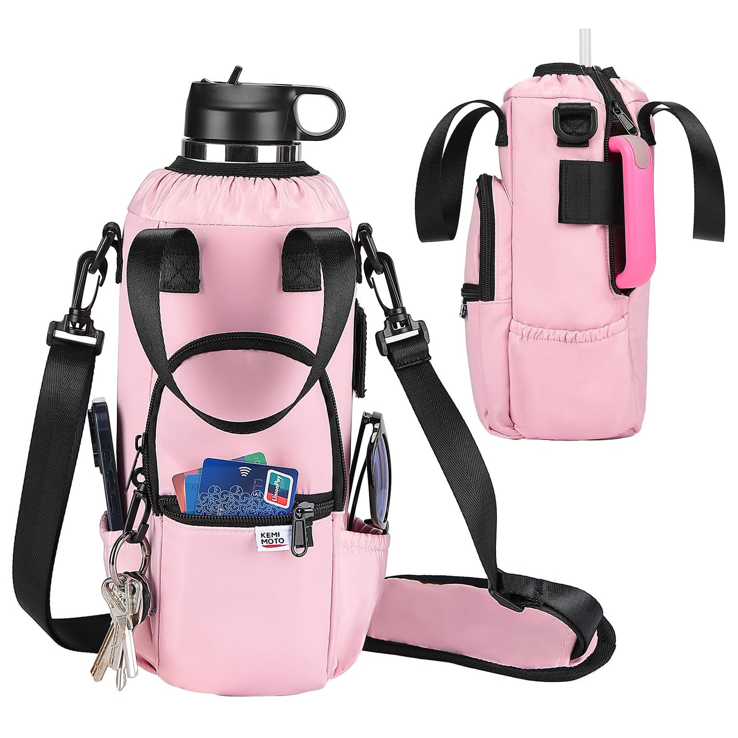 KEMIMOTO Upgraded Dual-Use Water Bottle Holder Bag for 40/30 oz Handle and Non-Handle Tumblers, Water Bottle Carrier Bag with Adjustable Shoulder Strap Carrier and Phone Pocket,30oz Pink