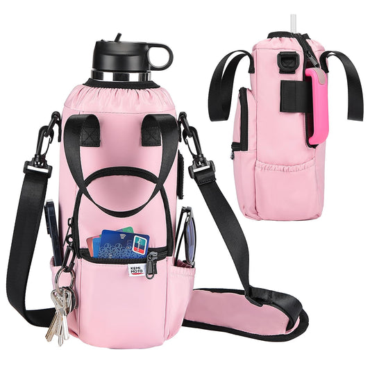 KEMIMOTO Upgraded Dual-Use Water Bottle Holder Bag for 40/30 oz Handle and Non-Handle Tumblers, Water Bottle Carrier Bag with Adjustable Shoulder Strap Carrier and Phone Pocket,30oz Pink