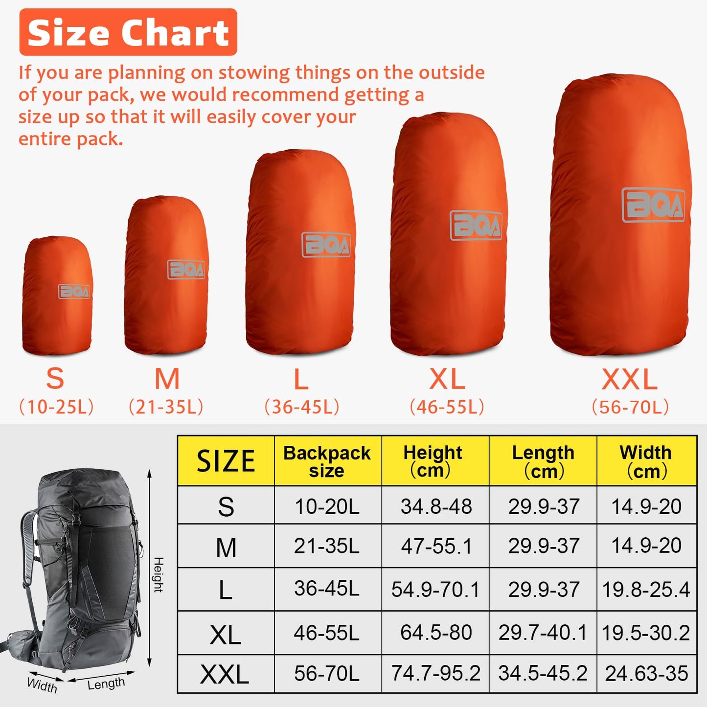 BQA Backpack Rain Cover Waterproof Rating 5000mm with Adjustable Anti Slip Buckle Strap Upgraded Coating Reinforced Inner Layer, Integrated Carry Pouch Design for (10-70L)