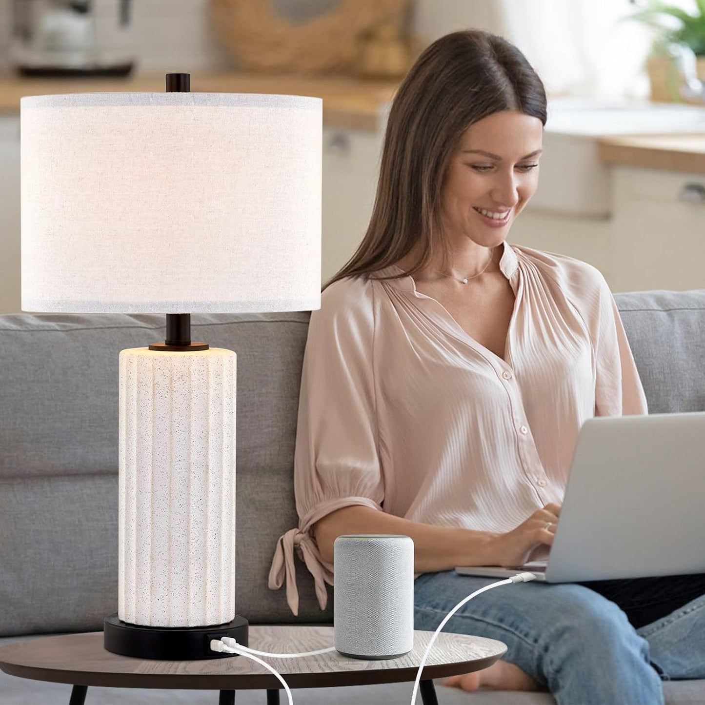 KAWOTI White Ceramic Table Lamp Set of 2 for Living Room 3 Way Touch Control Bedside Lamps with USB Ports and AC Outlet (Bulbs Included)
