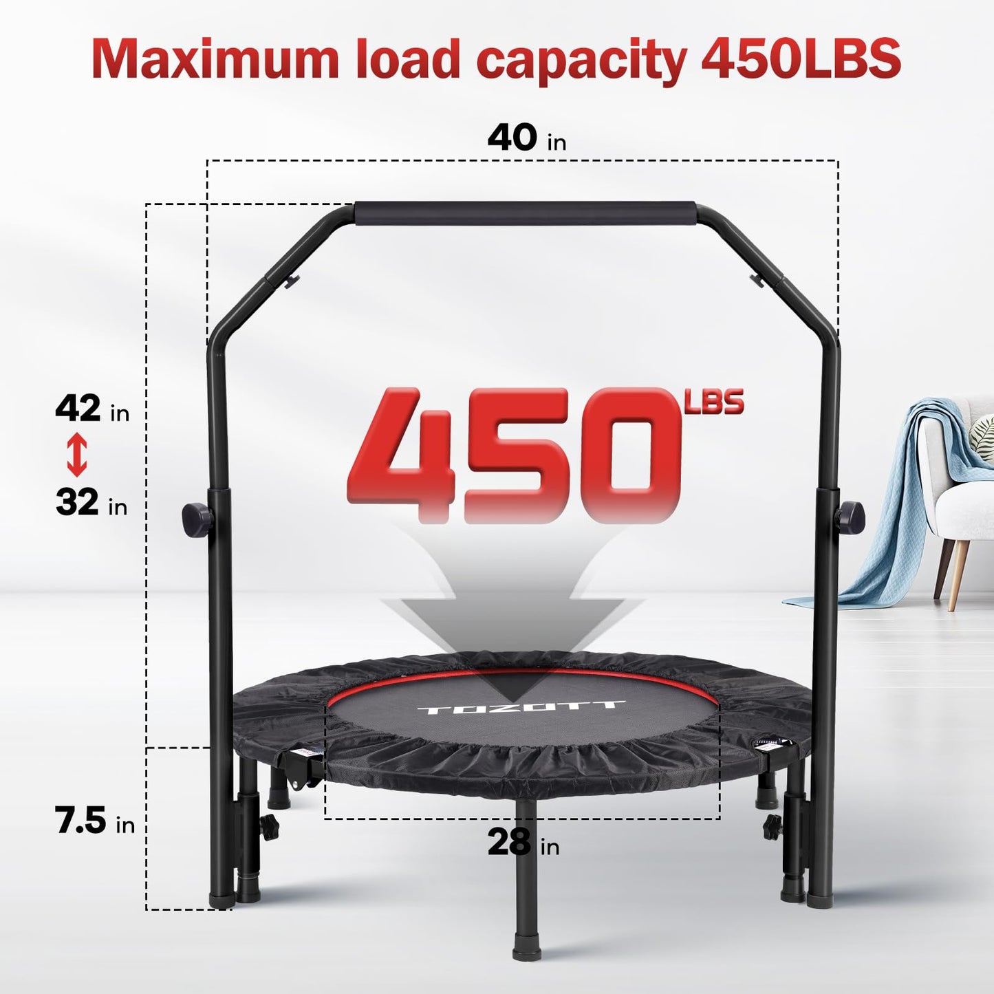 40" Rebounder for Adults,Mini Rebounder Foldable Fitness Rebounder with Adjustable Foam Handle,for Indoor/Outdoor Exercise Workout,Max Load 450LBS