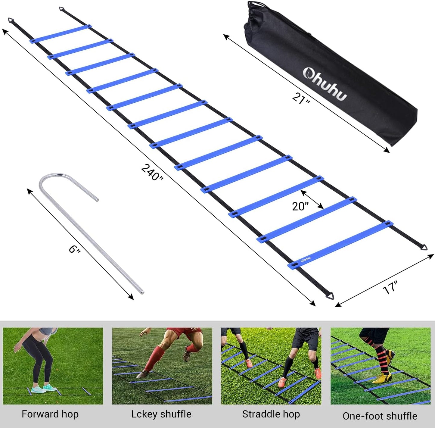 Ohuhu Agility Ladder Speed Training Set 12 Rung 20ft Exercise Ladders with Ground Stakes for Soccer Football Boxing Footwork Sports Fitness Training Ladder with Carry Bag