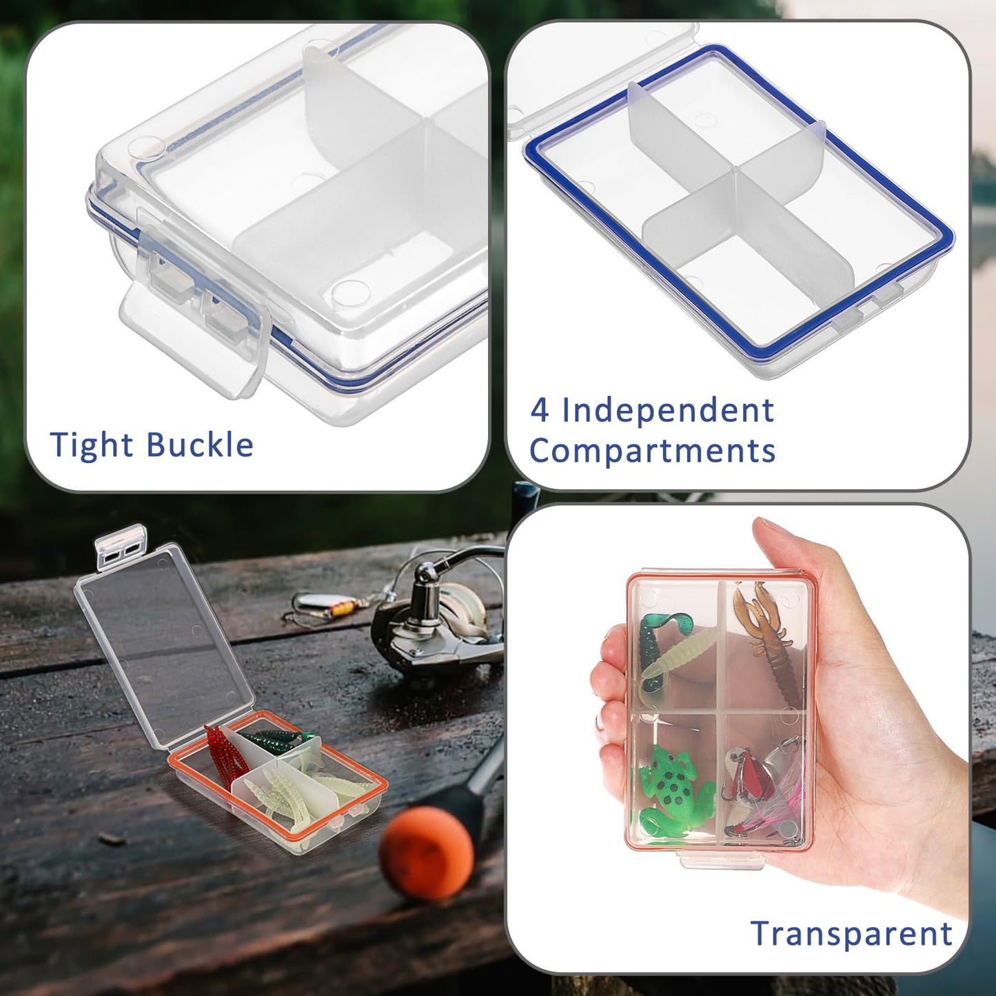 JUXYES Pack of 6 Plastic Small Fishing Tackle Box Organizer with 4 Compartments, Clear Mini Fishing Tackle Storage Boxes with Dividers, Transparent Fish Pocket Tackle Storage Box Lure Box