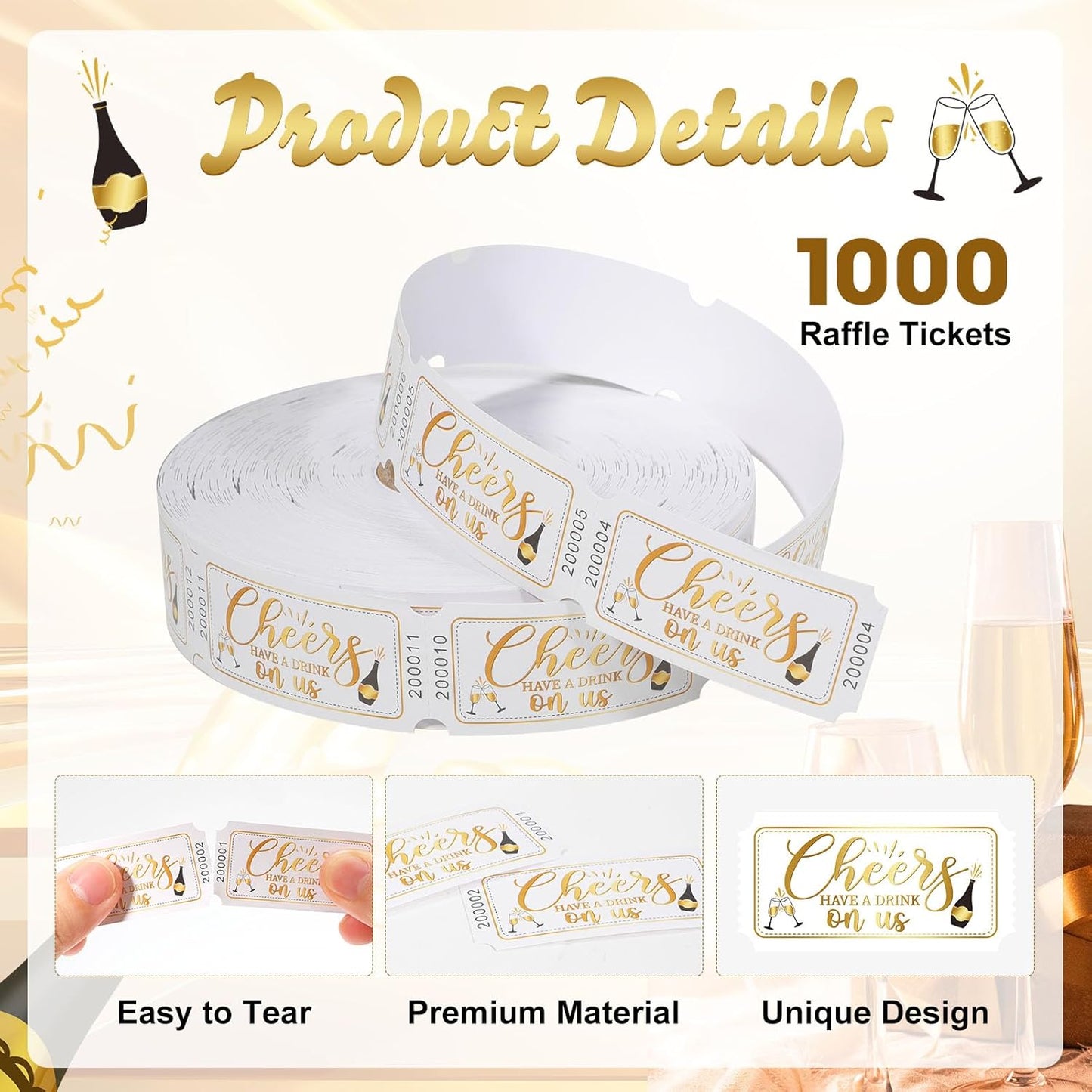 1000 Pcs Drink Ticket Single Raffle Tickets Roll Cocktail Design Free Drink Ticket for Events Wedding Work Formal Parties Leisure Class Reward
