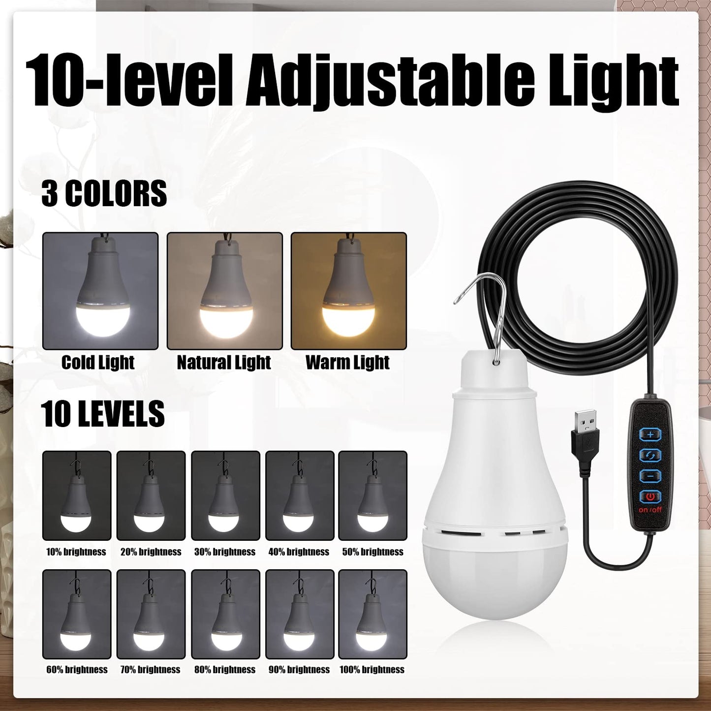 Kittmip 6 Pcs USB Light String LED Portable Light Bulb Rechargeable USB Strip Camping Lantern with Splitter Cable for Camping Porch Backyard Garage Warehouse Truck Fishing Boat