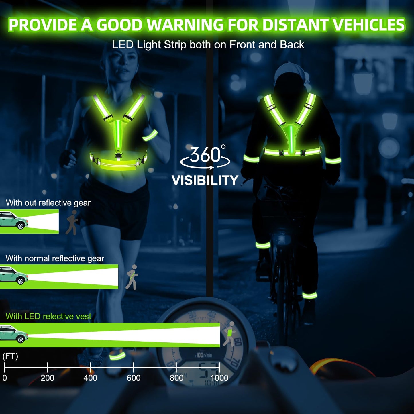 JZ LED Reflective Vest Running Gear-Reflective Vest for Walking at Night, High Visibility Night Running-Rechargeable Adjustable Led Light Up Running Vest with Armband for Runners Walkers Men (Green)
