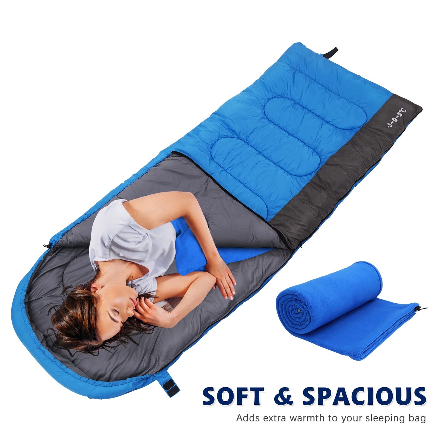 Arctic Lemmings Fleece Sleeping Bag Liner, 75" Long Zipper Microfiber Fleece Travel Single Sleeping Bag Camping Blanket, Indoor Outdoor Blanket for Adults & Children (Blue)
