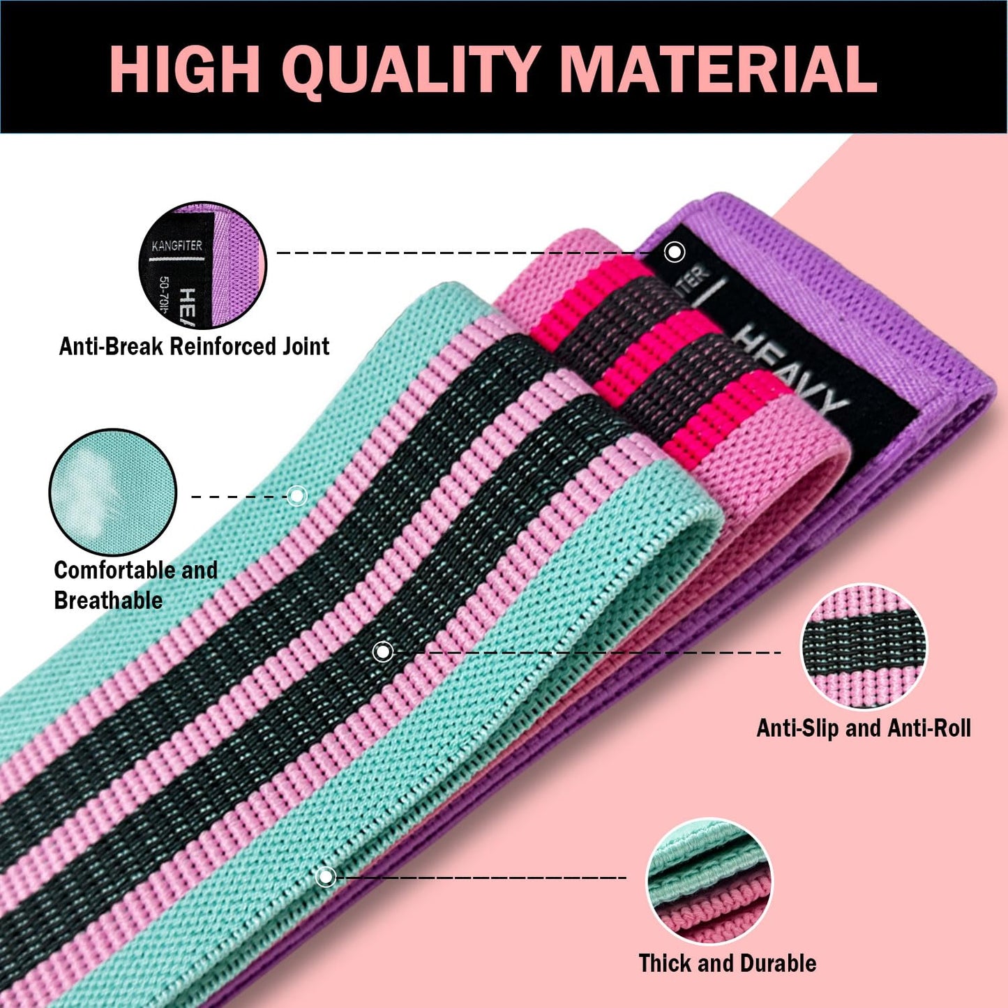 KANGFITER Non-Slip Fabric Resistance Bands for Working Out, Loop Exercise Bands for Booty Leg, Butt, Glute, Workout Bands with Tape Measure and Hair Ties for Home Gym Fitness, Yoga, Pilates