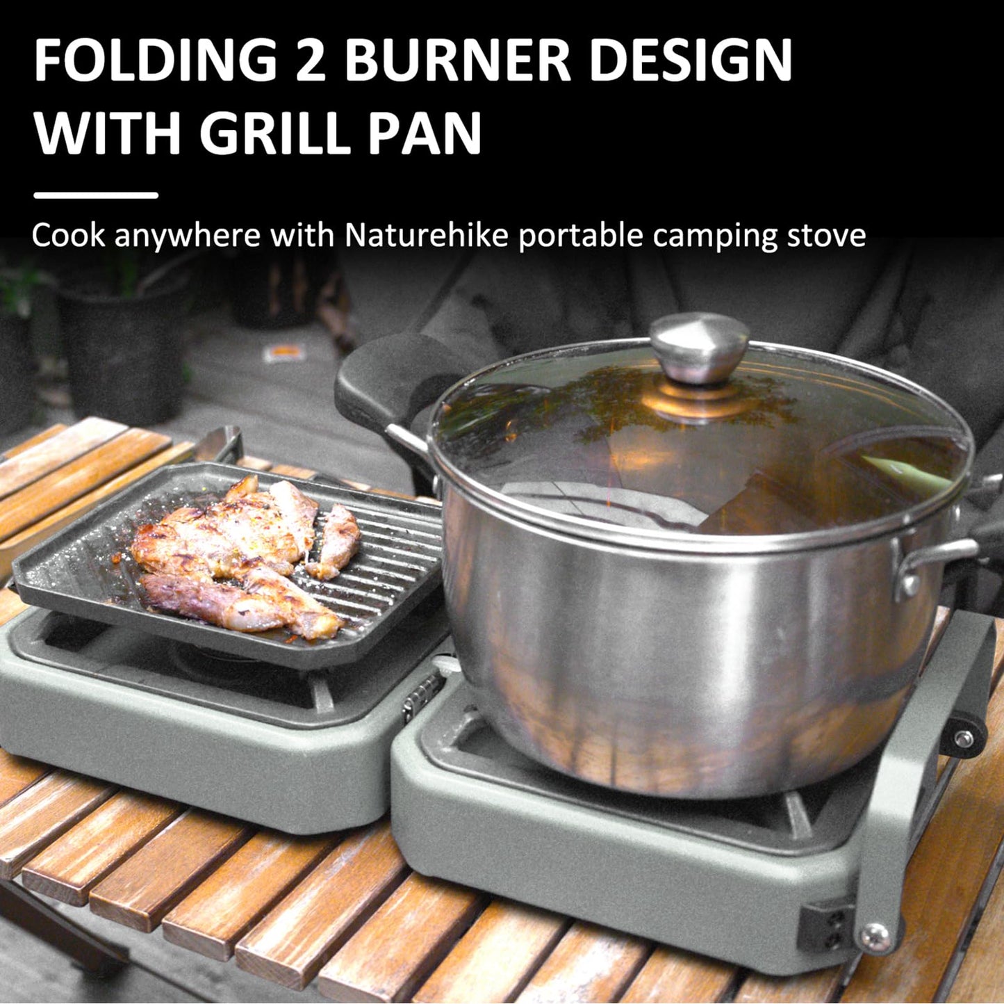 2 Burner Propane Camping Stove with Grill - CloudHand Foldable Camp Stove with 16,000 BTU, Two Adjustable Burners with Piezo Ignition & Easy Carrying Handle Grey
