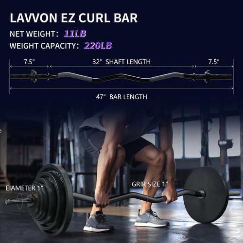 47" EZ Curl Bar Weight Lifting Bar, 1-inch Curling Bars for Weight lifting, Barbell bar for Hip Thrusts/Squats/Lunges for Gym and Home, With 2 Star Double Risk T-nuts (220lb Weight Capacity) (Black)
