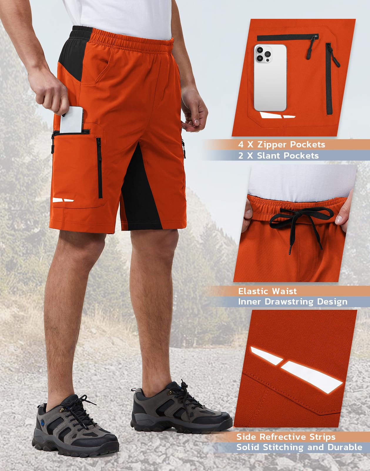 Ally Men's Mountain Bike Shorts 4D Padded Lightweight Loose-fit with Zipper Pockets for Biking Cycling Bicycle Riding Biker (Attached-pad Orange, Medium)