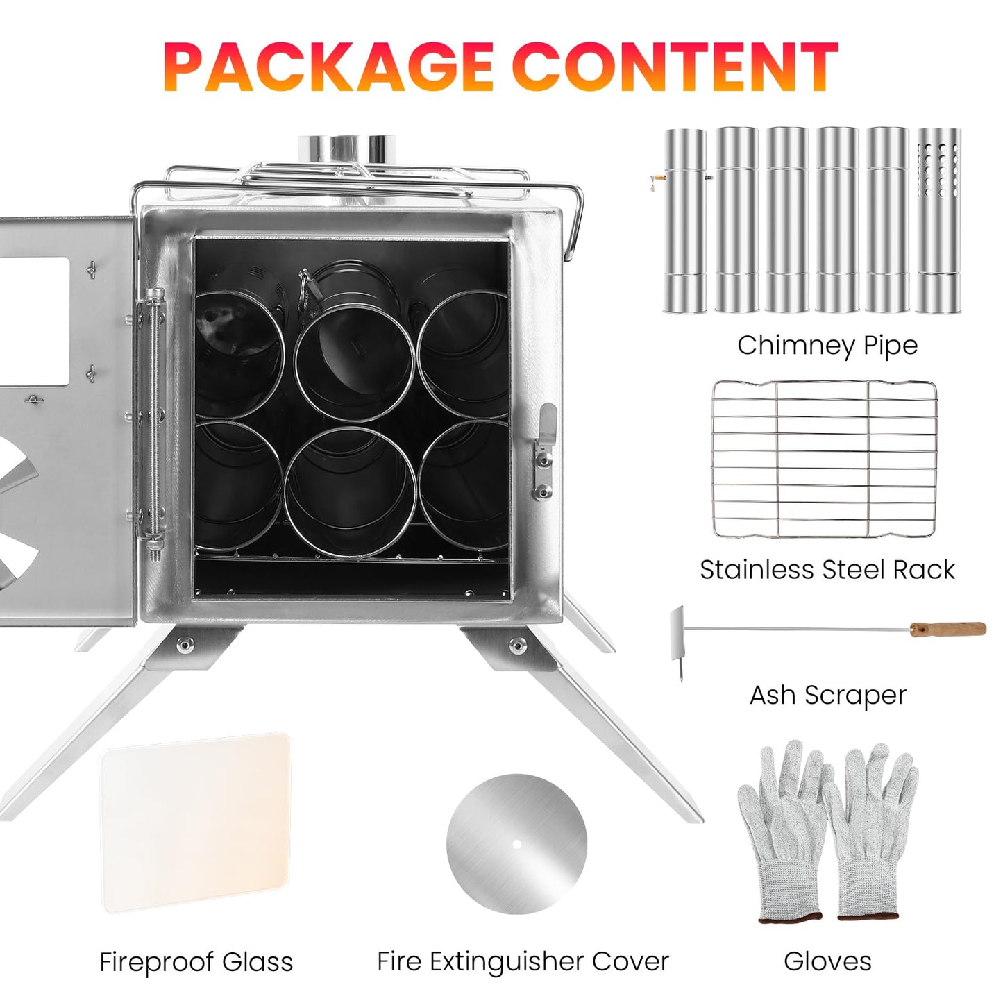 LAMA Stainless Steel Hot Tent Stove - Wood Burning Stove with 6 Chimney Pipes for Tents, Camping, Fishing & Hunting - Portable Outdoor Heating & Cooking, Silver