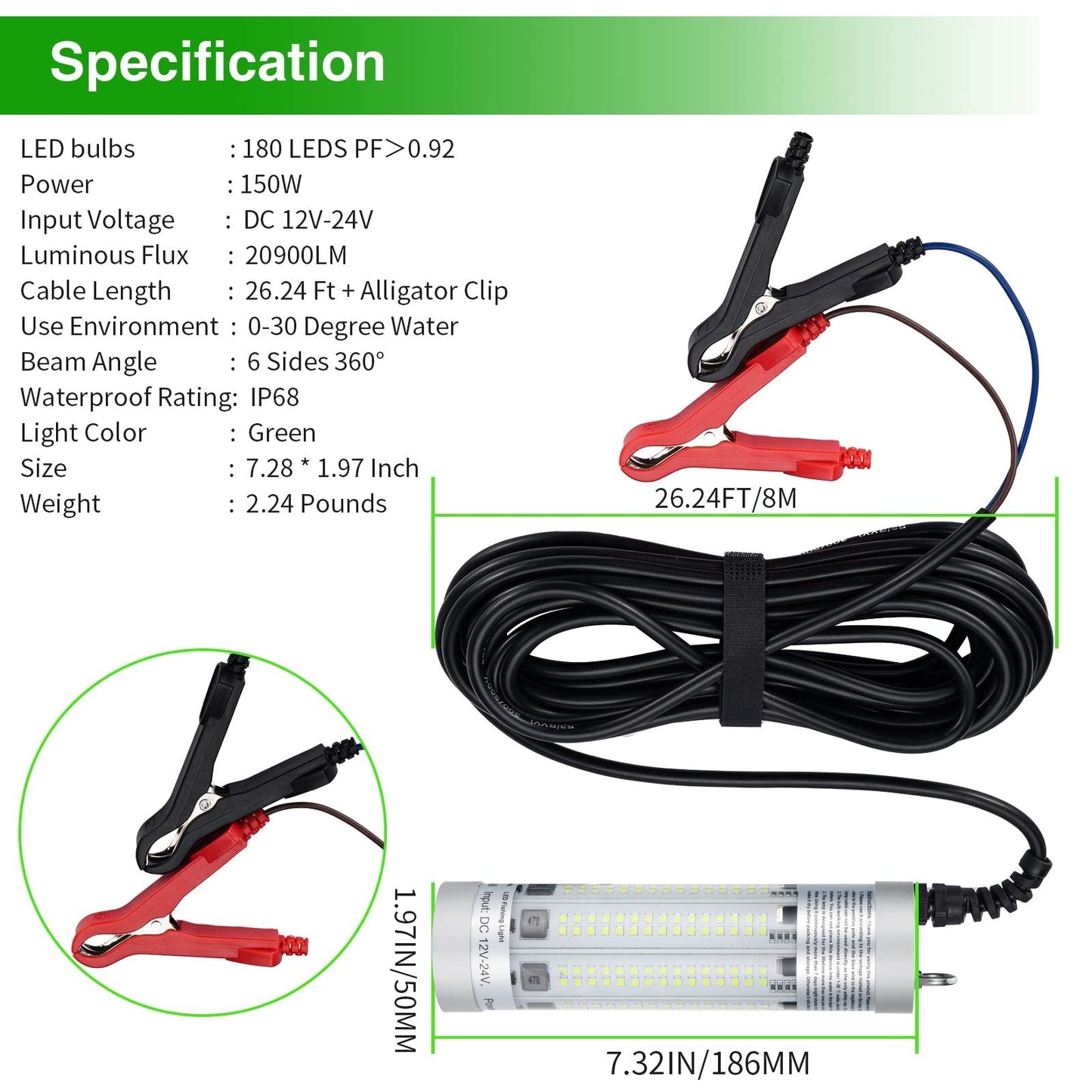 150W 20900lm Underwater Fishing Light, IP68 Waterproof Aluminum Super Bright Night Fish Attracting Submersible LED Lamp Lure Bait Finder for Freshwater Saltwater Sea Kayak Ice Dock (150W White)