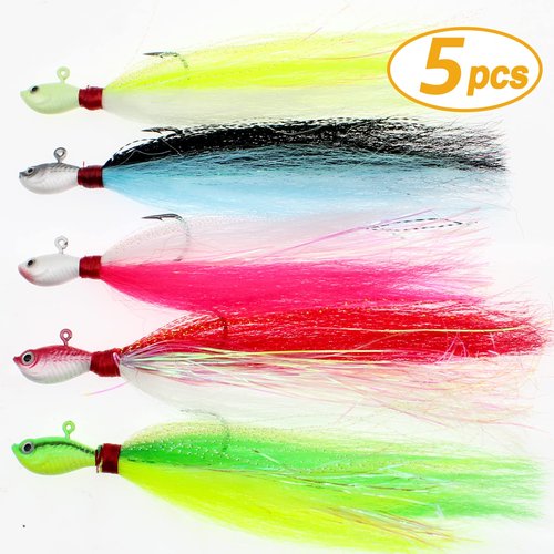Ghanneey 5pcs Bucktail Jigs Hair Swimbait Heads Saltwater for Fishing Lures Fluke Bait Fish for Striper Bass Walleye Flounder Fluke Striper Fishing Lure