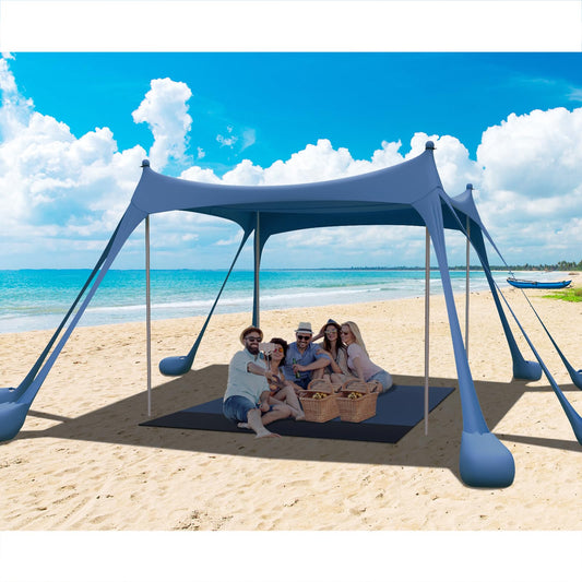 JMOREGO Beach Tent, Camping Sun Shelter with Mat, 2 Sand Shovels, 8 Sandbags, Ground Pegs & Stability Poles, UPF50+ Outdoor Shade Canopy for Camping, Fishing or Picnics (Navy Blue)