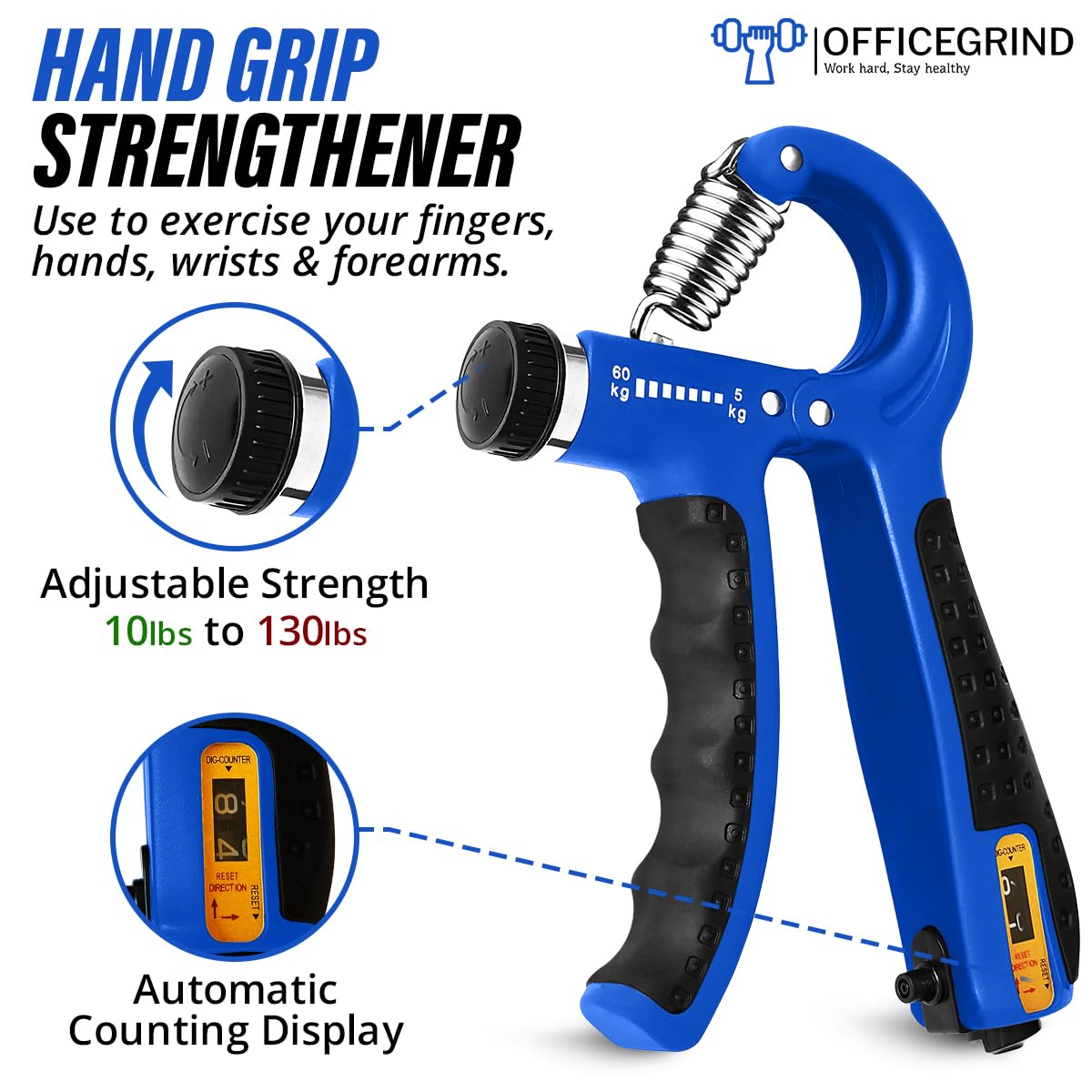 Hand Grip Strength Trainer with Adjustable Resistance 10-130lbs (4.5-59kg), Forearm Hand Grip Strength Exerciser for Muscle Building, Injury Recovery, and Therapy Stress Relief, Blue