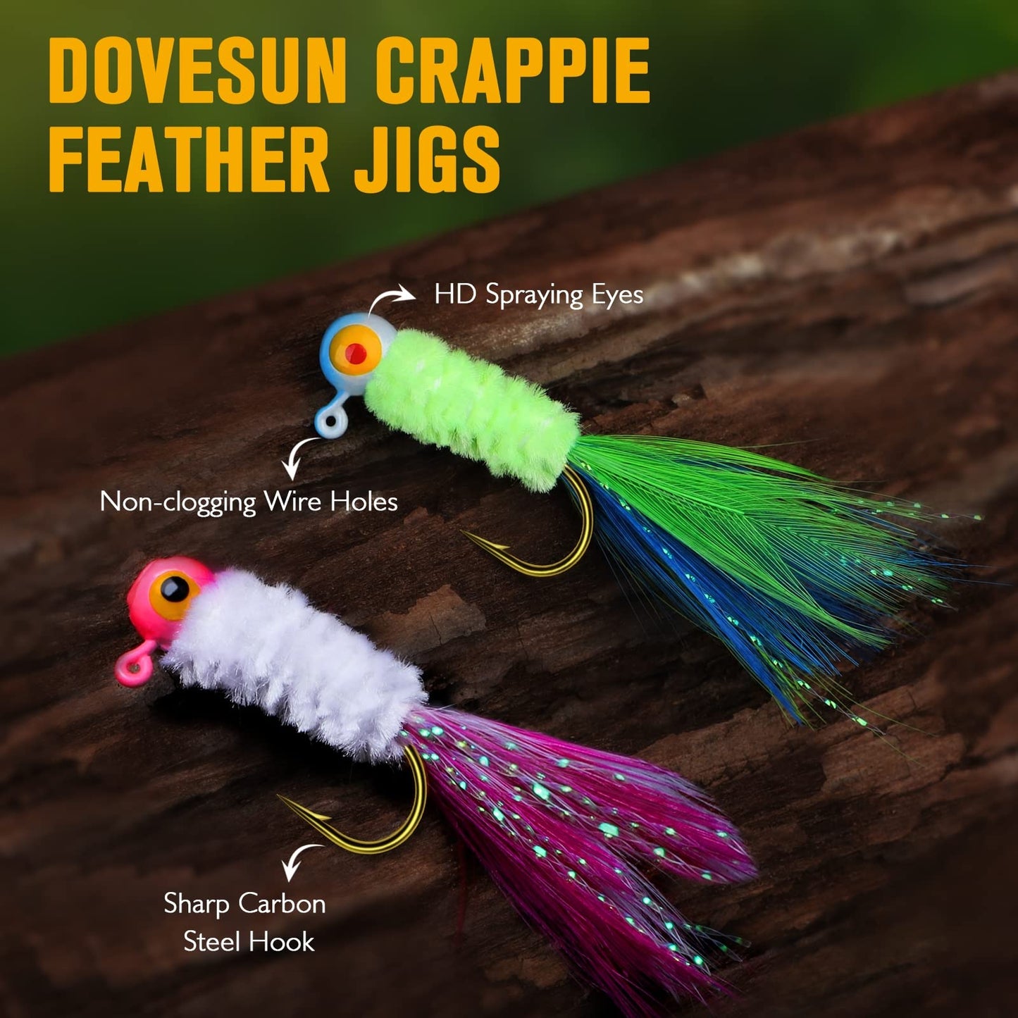 Dovesun Crappie Jigs, Jig Heads with Feather Hand-Tied Marabou Jigs 40pcs Ice | Fly Fishing Lures 10 Colors 1/16oz Fishing Hair Jigs for Panfish Sunfish Walleye
