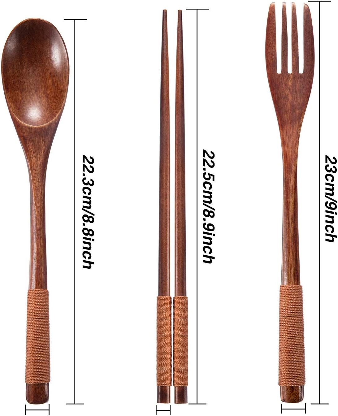 2 Sets Wooden Utensil Set, Travel Utensils for Eating, Wooden Fork Spoon Chopsticks, Reusable Portable Flatware Cutlery Set, Tied Line Flatware with Pouch for Lunch Camping Traveling