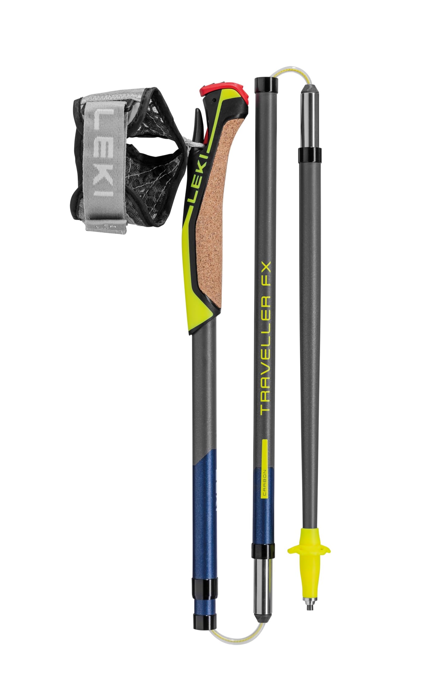 LEKI Traveller FX.One Carbon Collapsible Lightweight Trekking Poles for Hiking & Trail Running - Gray-Blue-Yellow - 115 cm