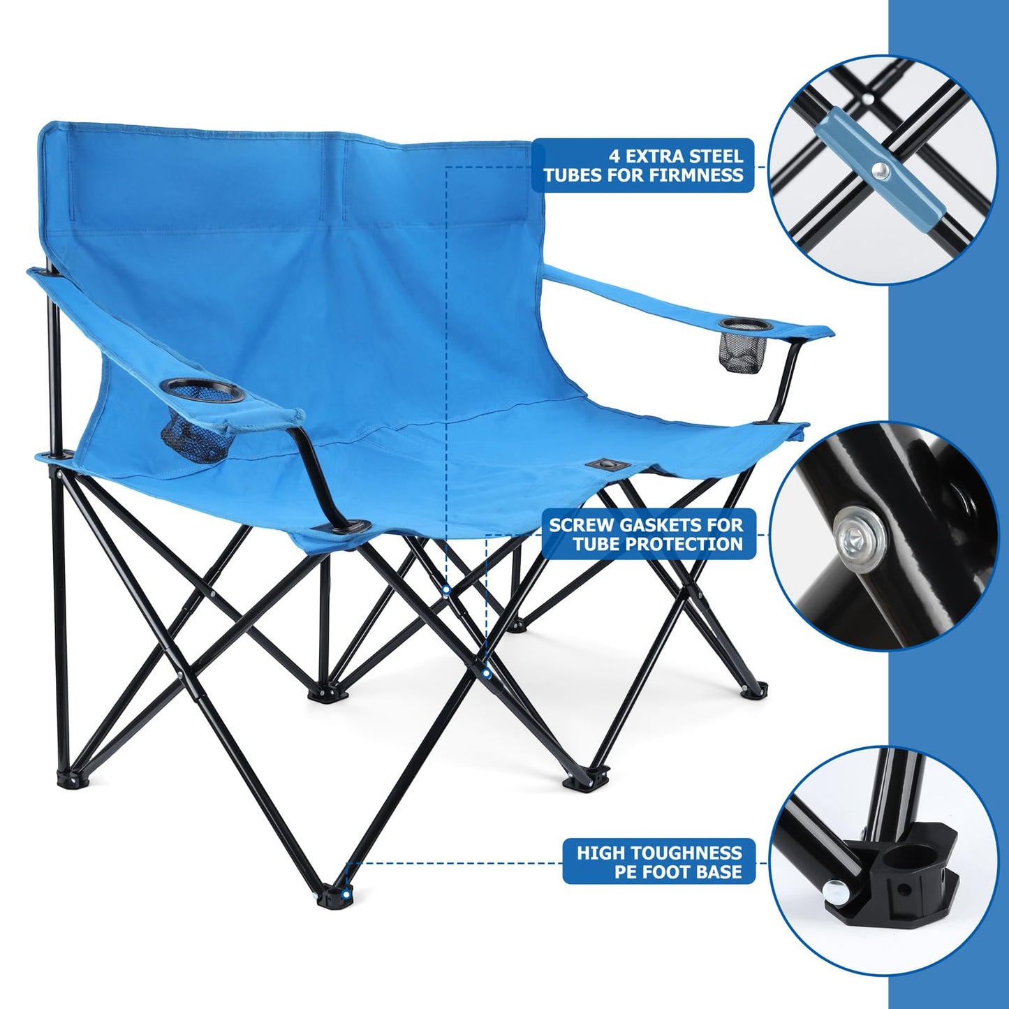 Leonyo Double Folding Camping Chair with Grey Table, Outdoor Portable Loveseat Lawn Chairs for Adults with Camping Table with Carrying Bag for Beach, Backyard