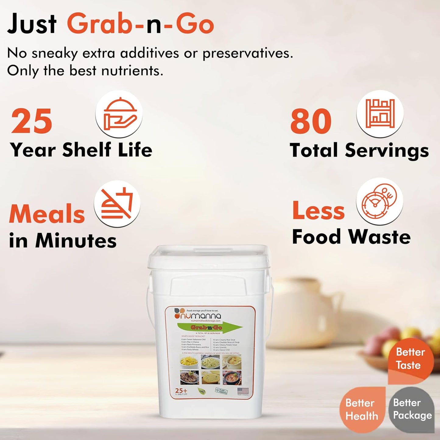 NuManna Grab-n-Go Bucket– 80 Servings Freeze-Dried Premade Meals | 25+ Year Shelf Life | Non-Perishable, Ready-to-Eat Breakfast & Dinner, Everyday Meals & Pantry Essentials | Emergency, Camping & Survival Food Kit | Made in USA