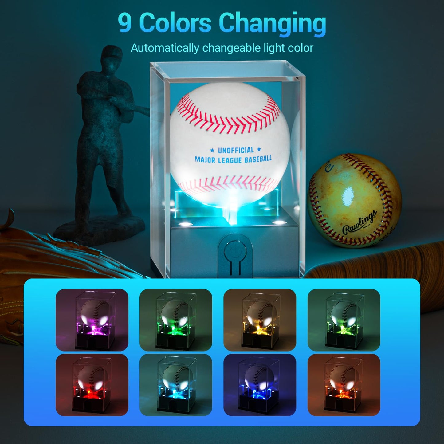 Leshein Baseball Display Case with Led Light, Light up Baseball Case for Display, Acrylic Baseball Holder Display Case, UV Protected Clear Baseball Stand Baseball Cube for Memorabilia Baseball Gifts