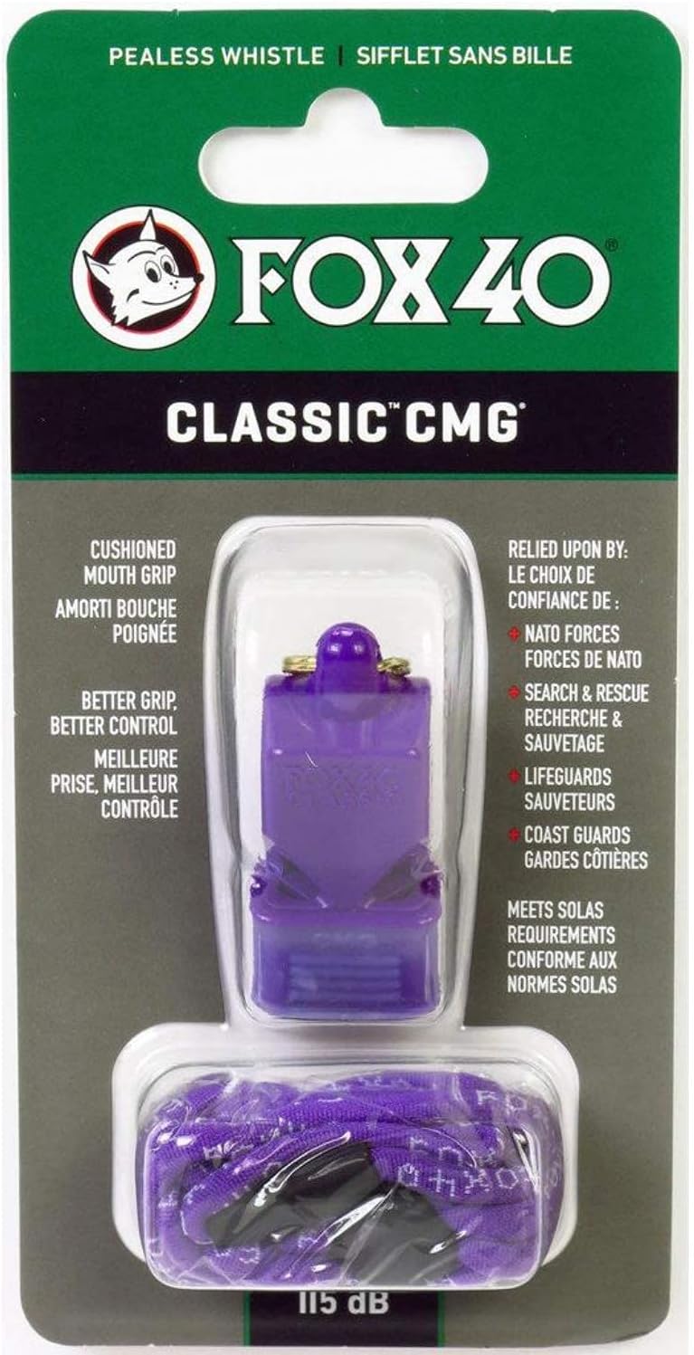 Fox 40 Classic CMG Pealess Safety Whistle, 115 dB, Purple, Lanyard