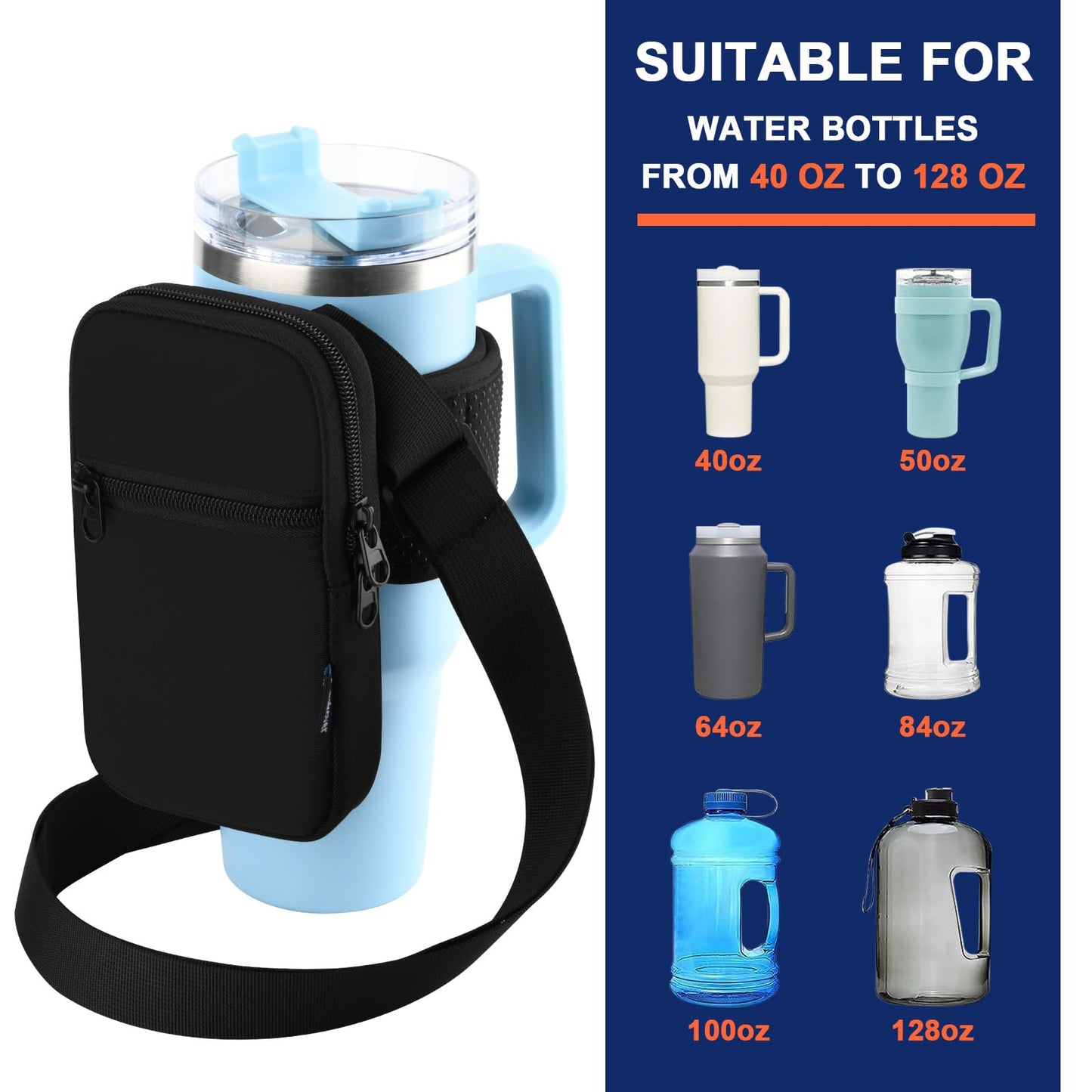 Gym Water Bottle Pouch for Stanley Tumbler with Handle, Universal Water Bottle Carrier Sling Sleeve with Strap & Pocket, Fits for A Variety of Stanley Tumbler, Gym Water Bottles for Owala, 40-128 oz