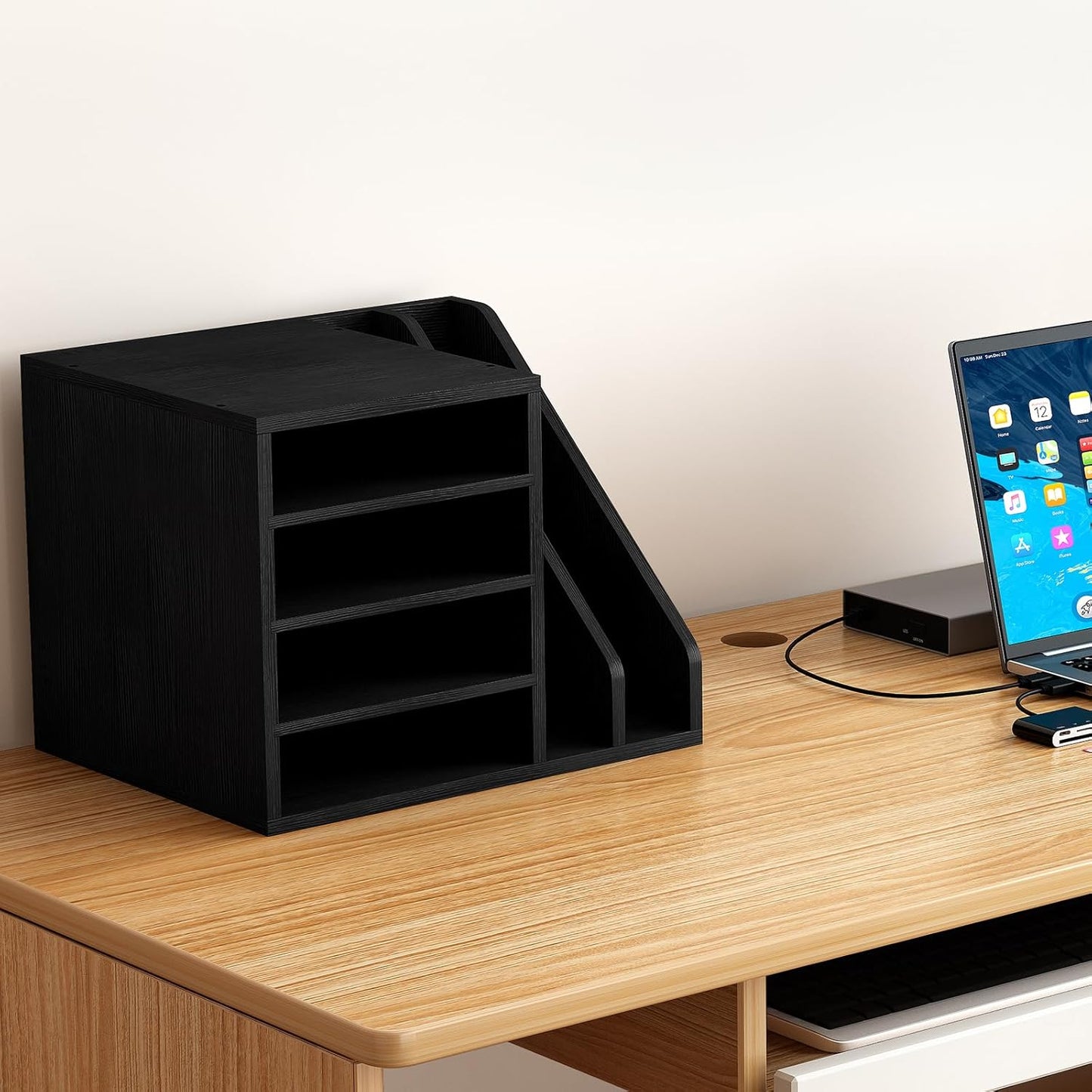 Wood Desk Organizer File Holder, Wooden Mail Organizer Countertop with Adjustable Compartments, Desktop File Organizer Paper Sorter for Home, Office and School, Envelope Organizer, Black