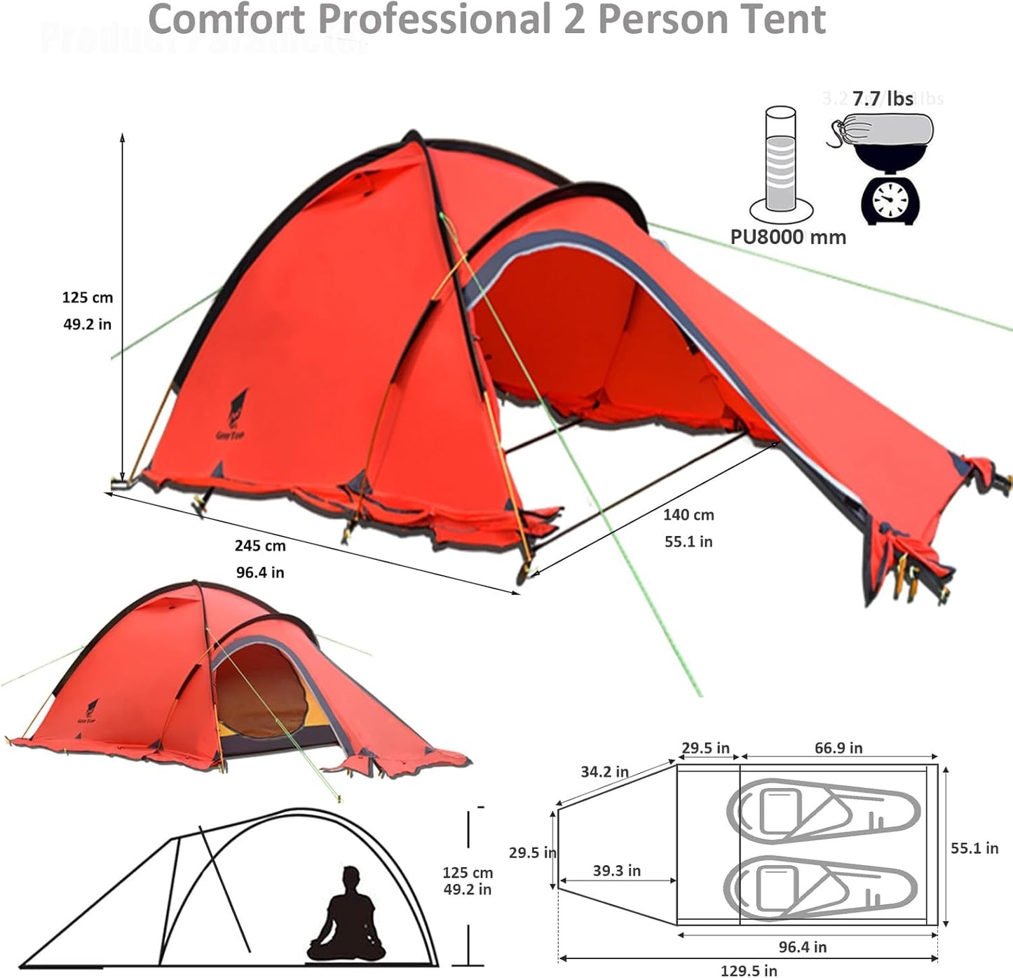 Geertop Portable 2 Person 4 Season Tent Waterproof Backpacking Tent Double Layer All Weather for Camping Hiking Travel Climbing Mountaineering - Easy Set Up