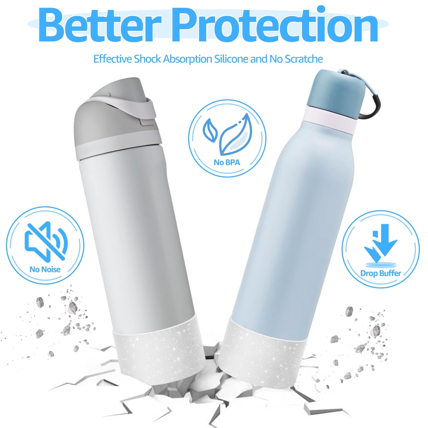 2 PCS Protective Glitter Silicone Boot for Owala 24oz Freesip Twist, Water Bottle Boot Accessories, No Scratche Bottom Bumper Protector for Cup with 2.85-2.95" Bottom, Bling No-Slip Sleeve Cover White