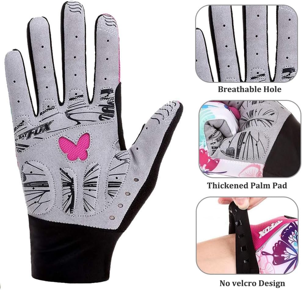 Pink Floral Cycling Gloves for Women | Full Finger Gel Padded Workout Gloves