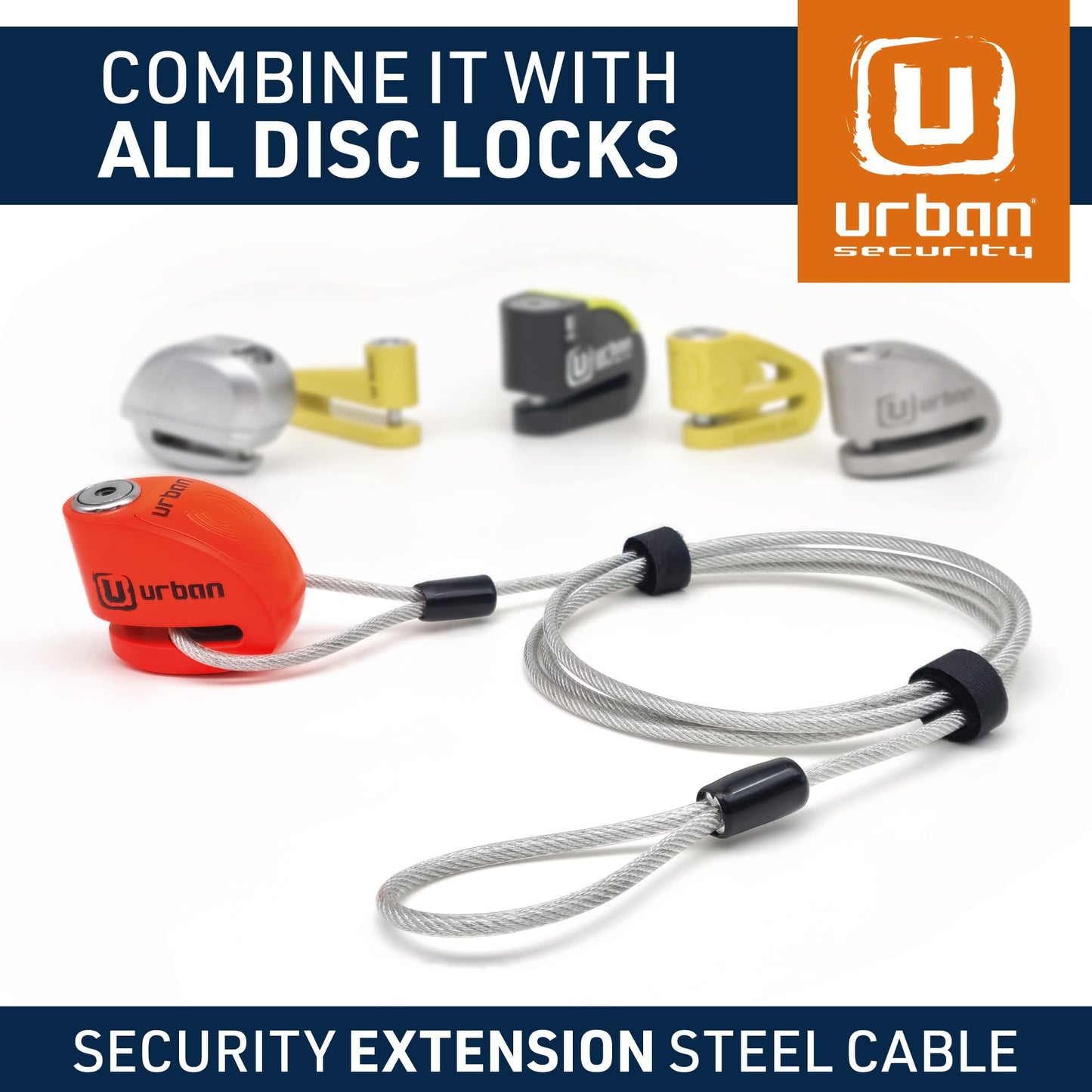 URBAN 5.200L Security Extension Cable for Disc Lock, 6,56ft/200cm, Flexible Braided Steel with Loops, Multifunctional Anti Theft Cable Lock for Bike, Motorcycle, Helmet, Bicycle, Electric Scooter
