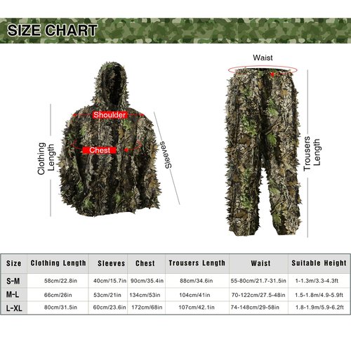 PELLOR Ghillie Suit, 3D Leafy Suit for Hunting Including Hunting Clothes, Hunting Gloves, Leafy Face Mask and Camo Bag for Jungle Shooting Airsoft Woodland Photography or Halloween
