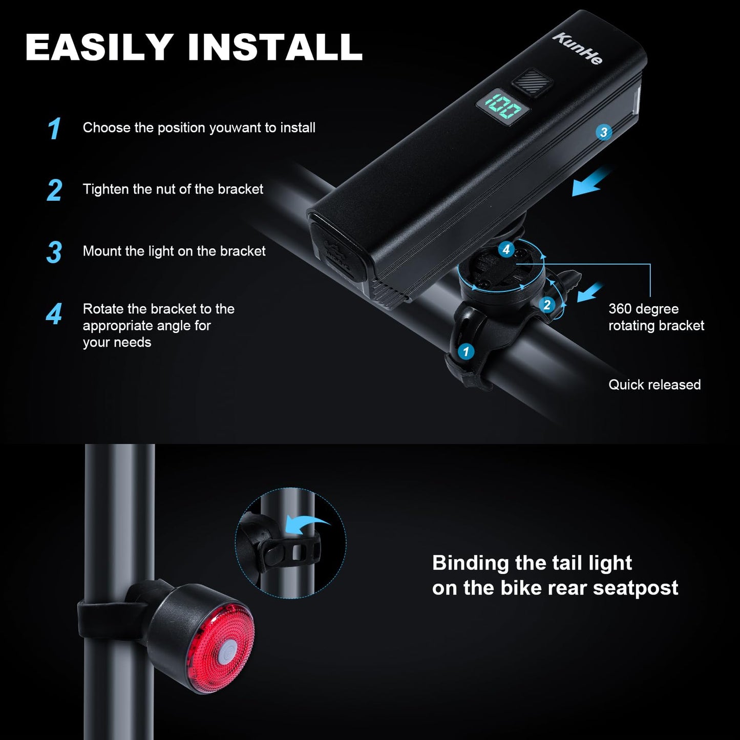 KUNHE 1200 High Lumens 4500 mAh Super Bright USB-C Rechargeable Bike Headlight & Tail Light Set Aluminium Alloy Super Bright Bike Light for Night Riding