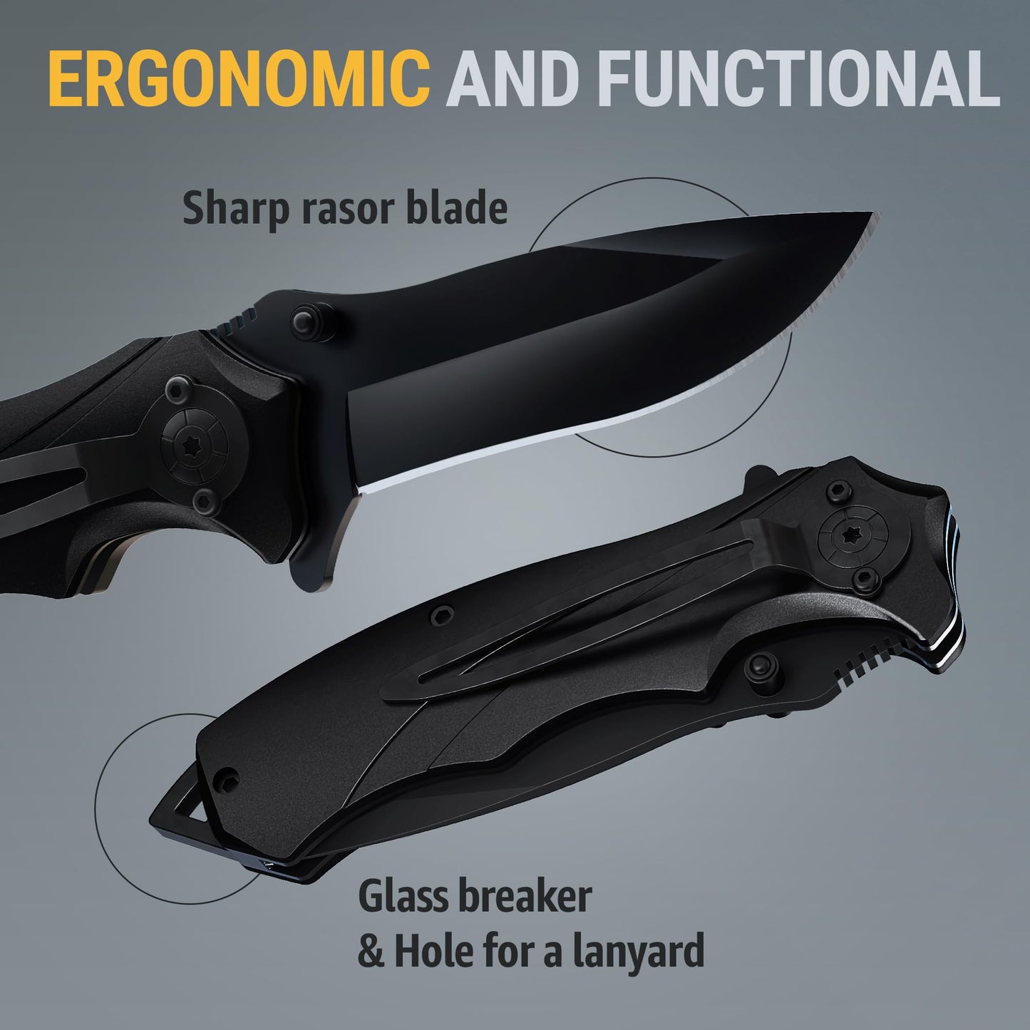 Grand Way Tactical Knife for Men - Black Pocket Knife - Best Spring Assisted Knife with Glass Breaker and Pocket Clip - Cool Folding Knives for Military Work Camping - Birthday Gifts for Dad 6495 B