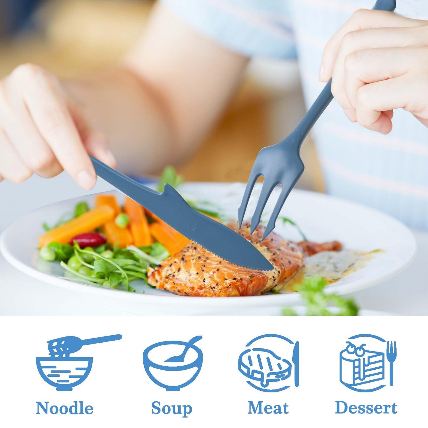 2 Sets Reusable Utensils Set with Case, Plastic Lunch Box Utensils Set for Kids, Travel Cutlery Set for Ocean Party Decorations Picnic or Daily Use (Blue, Black)