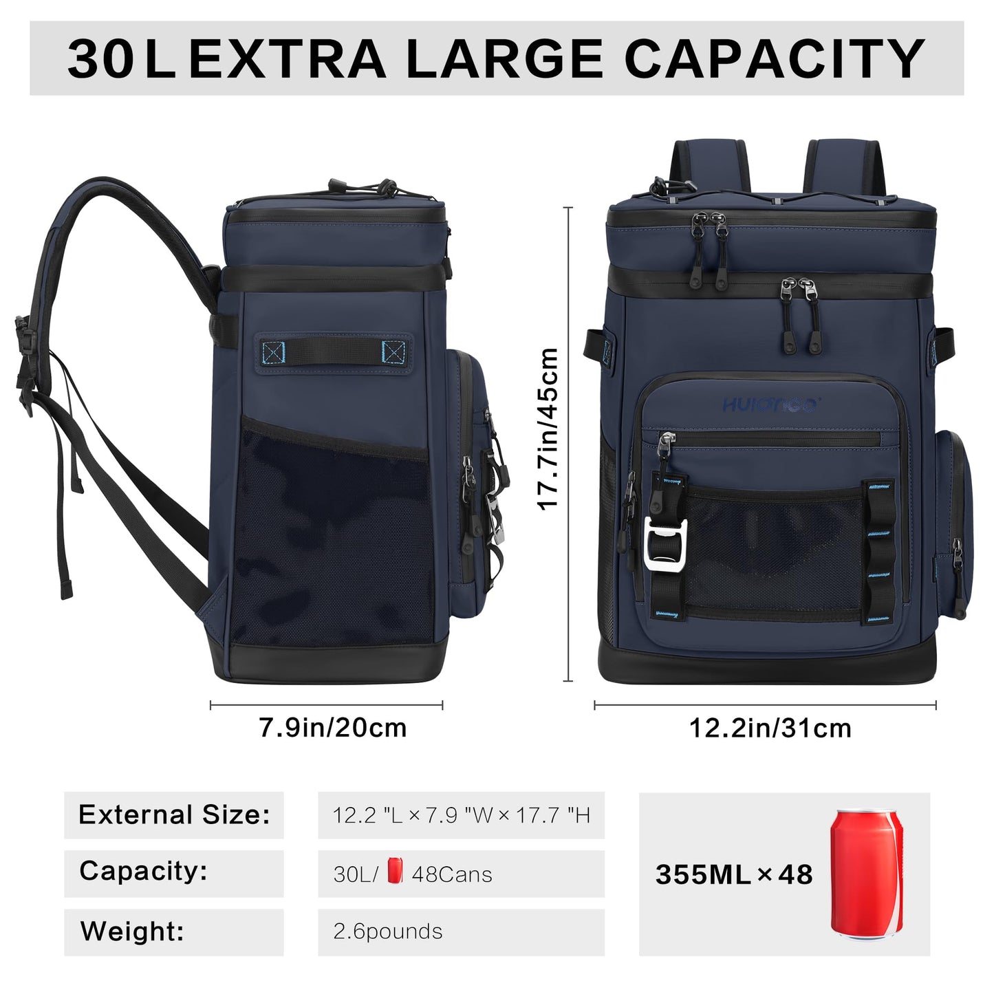 Hulongo 48Cans Large Cooler Backpack, Leakproof Insulated Backpack Cooler for Men & Women, Waterproof, 30L, Dark Blue