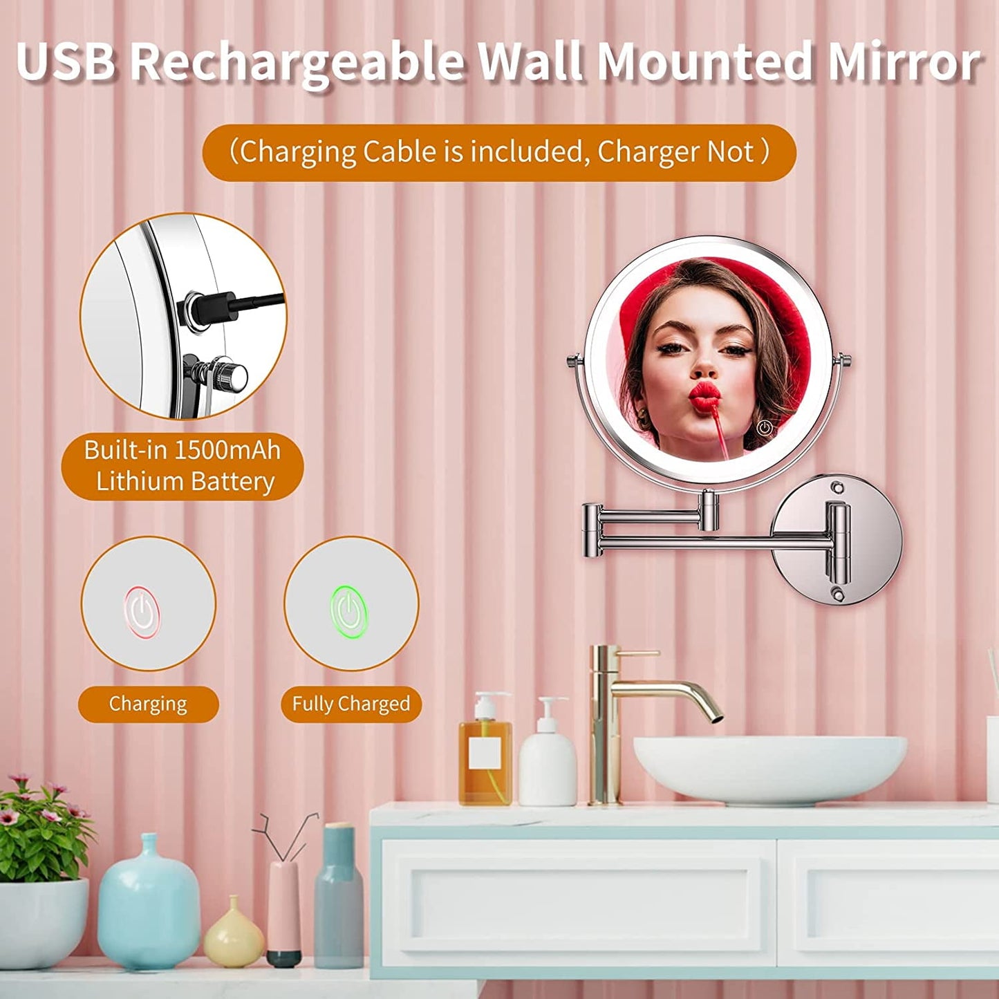 Lighted Wall Mounted Makeup Mirror | 8-Inch Extendable 1x/10x Magnification
