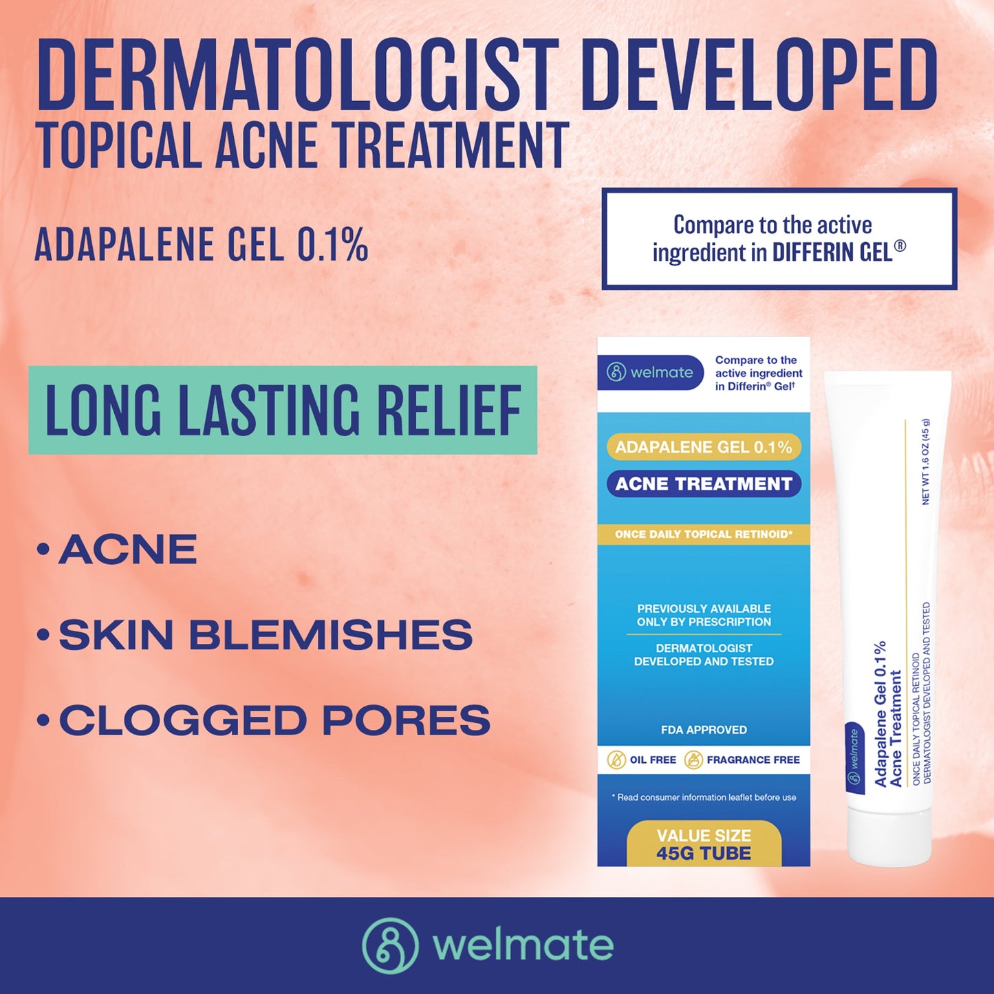 0.1% Adapalene Gel Acne Treatment | Daily Skin Care | 1.6oz Tube